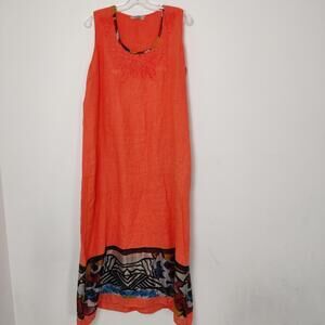 Angela Mara Orange Linen Maxi Dress Embroidered Floral Butterfly Border Hem